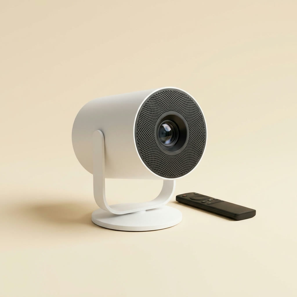 Denly Mini Projector with remote on a warm cream background
