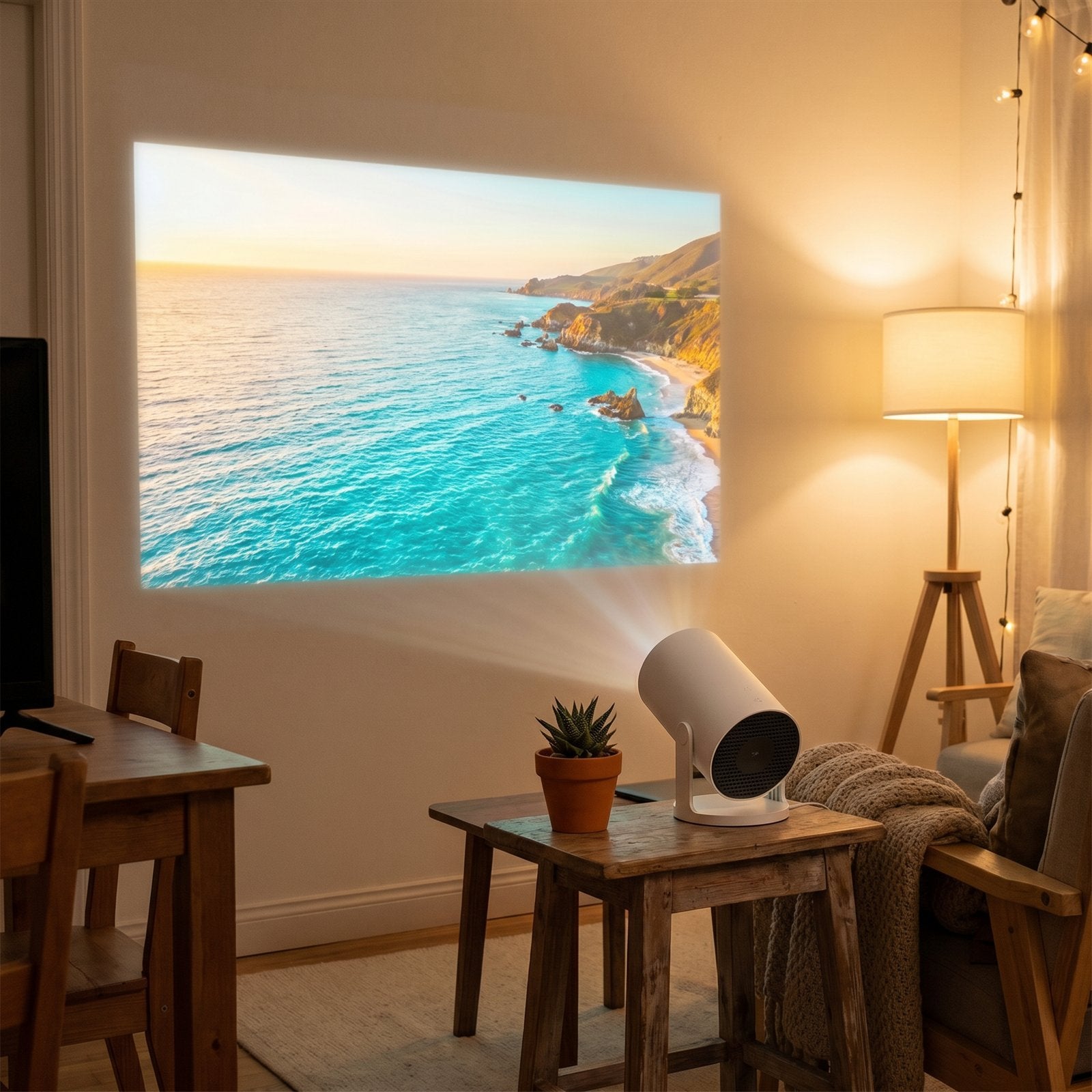 Denly smart projector casting a 130" movie screen onto a living room wall