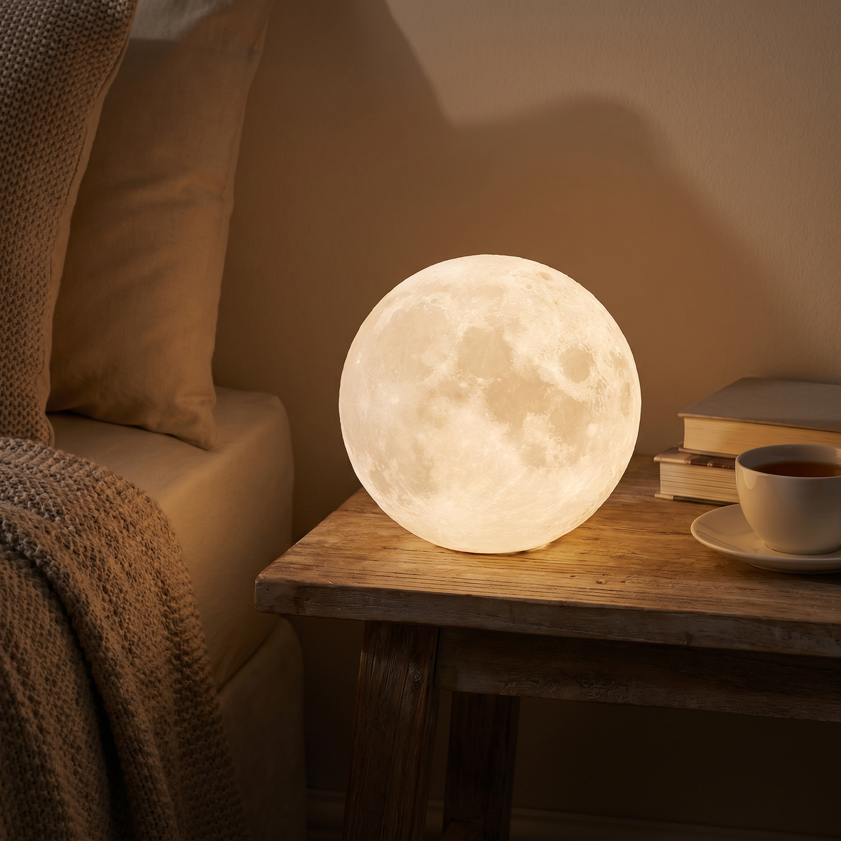 Denly Custom Photo Moon Lamp glowing on a nightstand
