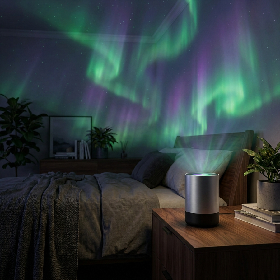 Denly Aurora Projector casting northern lights on a ceiling