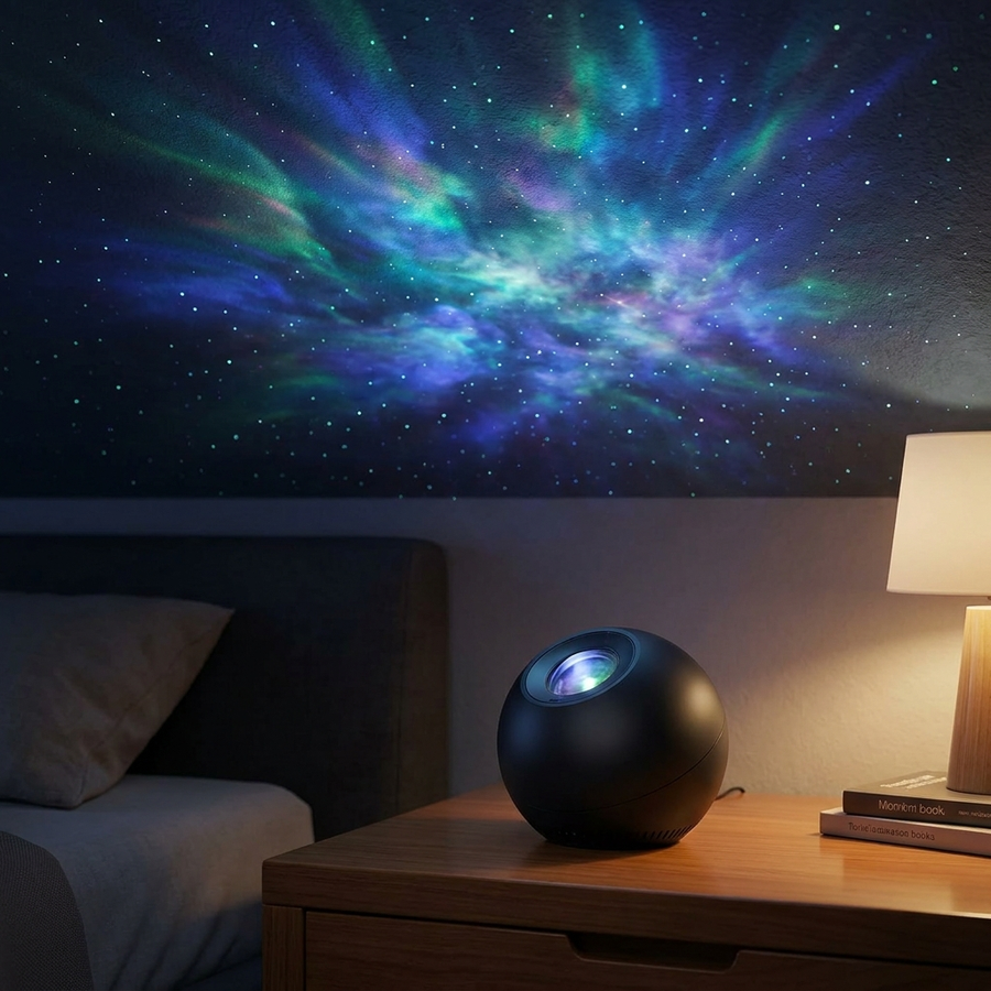 Denly Galaxy Star Projector casting stars and nebula on a ceiling