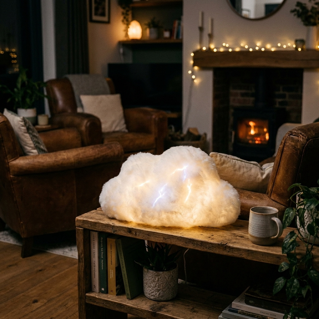 Denly Cloud Lightning Lamp glowing with lightning on a shelf