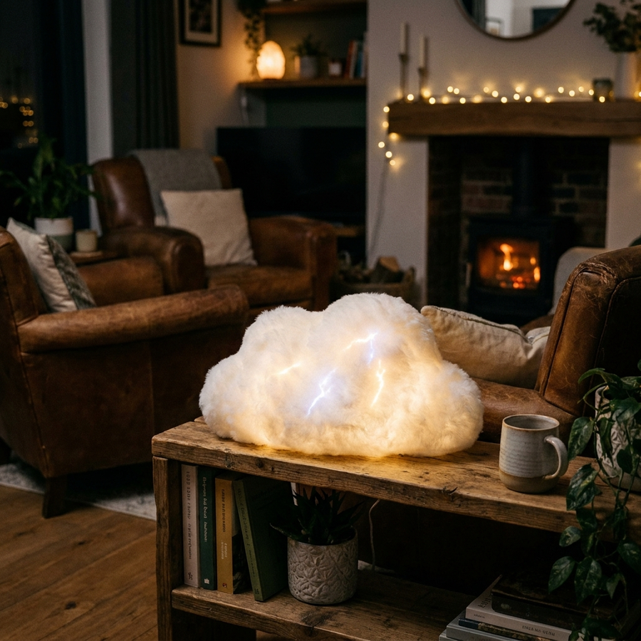 Denly Cloud Lightning Lamp glowing with lightning on a shelf
