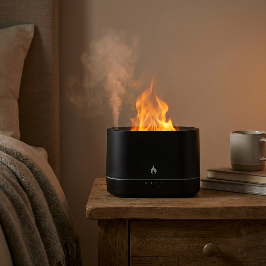 Denly Flame Aroma Diffuser with dancing flame and mist on a nightstand
