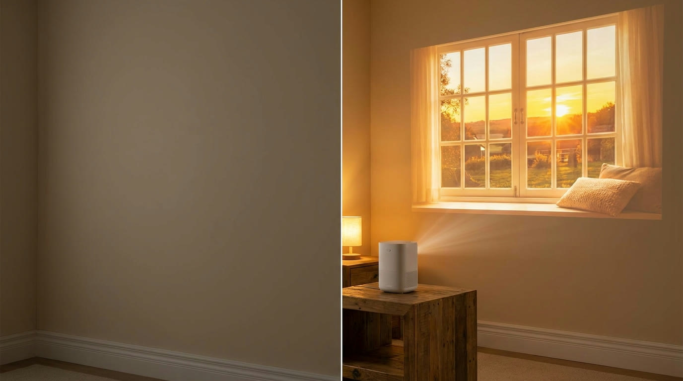 Before and after: a bare apartment wall transformed into a giant Denly movie screen