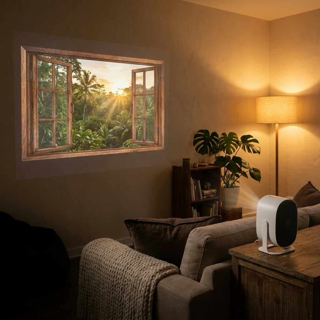 Denly smart projector casting a 130" movie screen onto a living room wall