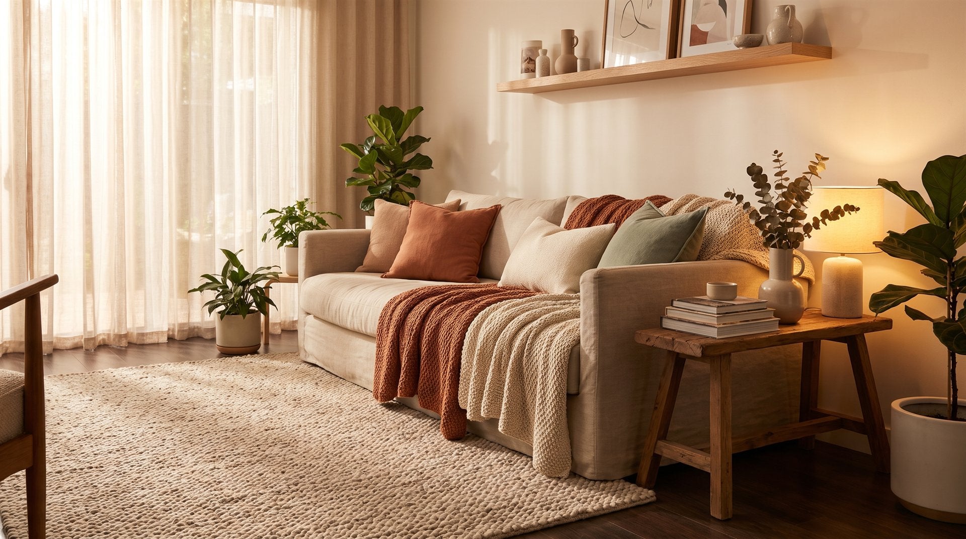 A warm, cozy living room styled with characterful home pieces